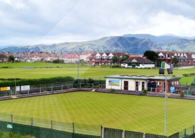 Llandudno Oval Crown Green Bowling Club. Our toilets and a view of Snowdonia Mountains